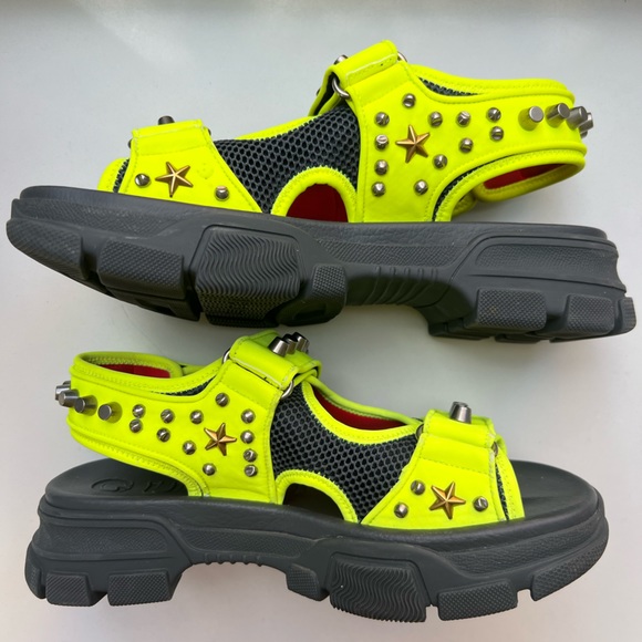 Gucci Aguru Studded Neon Sandals Designer Size 7/ US Women’s Size 10 - Picture 9 of 13